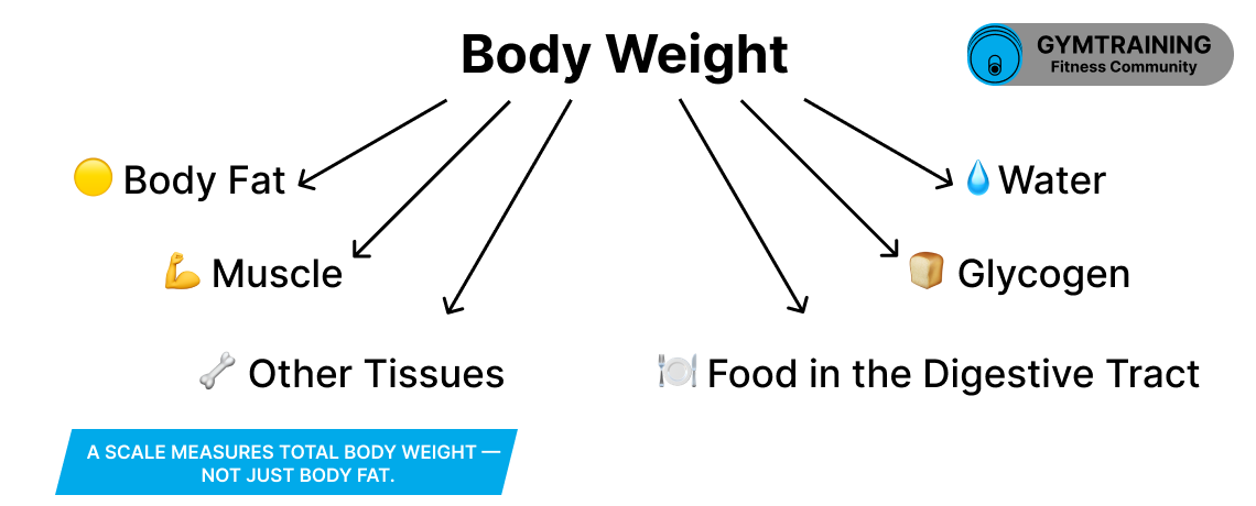 What body weight is made of: fat, muscle, water, glycogen, gut content